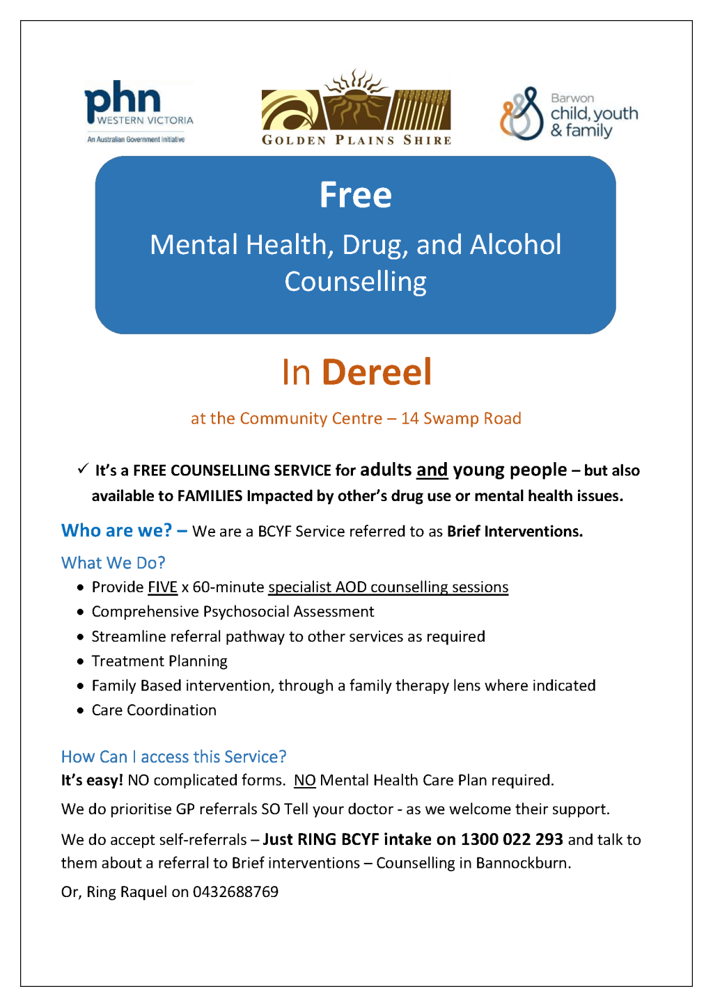Free Mental Health, Drug and Alcohol Counselling in&nbsp;Dereel